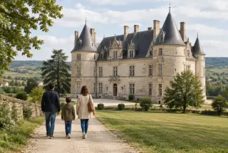 Famille marchant vers un château historique entouré de paysages vallonnés près de Lyon.